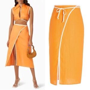 Matthew Bruch Bound Wrap Strappy Linen Midi Skirt Size 8 Orange Creamsicle